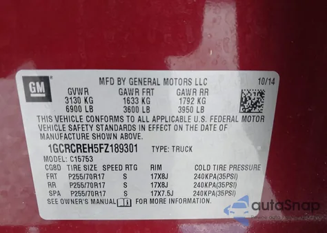 2015 Chevrolet Silverado 1500 1Lt из США, поврежденный, VIN 1GCRCREH5FZ189301